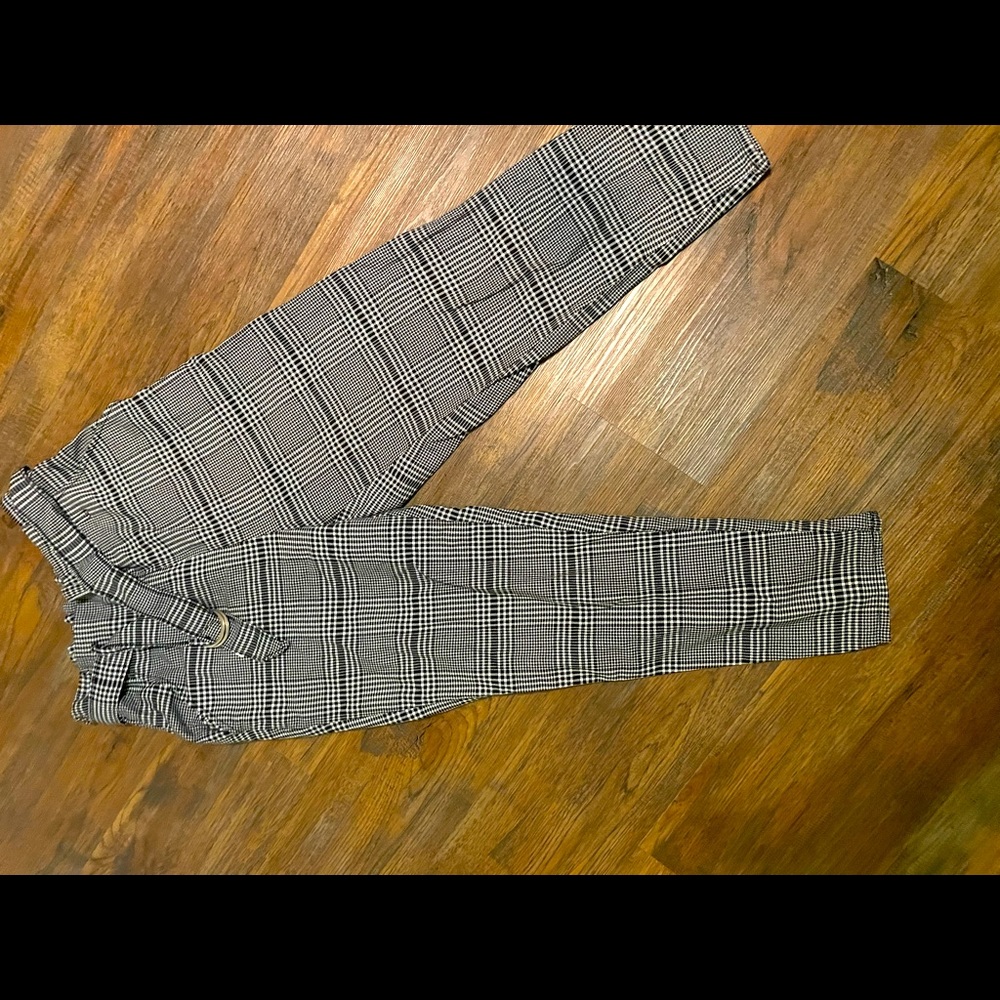 Black and white plaid pants with belt